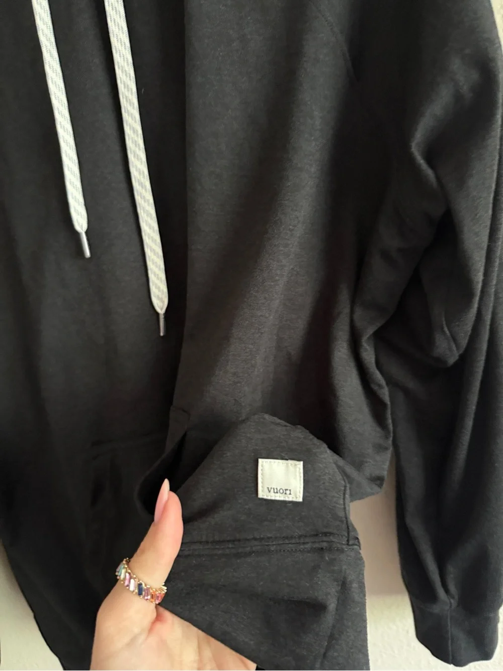 Vuori Women's Black Pullover Hoodie with White Drawstrings